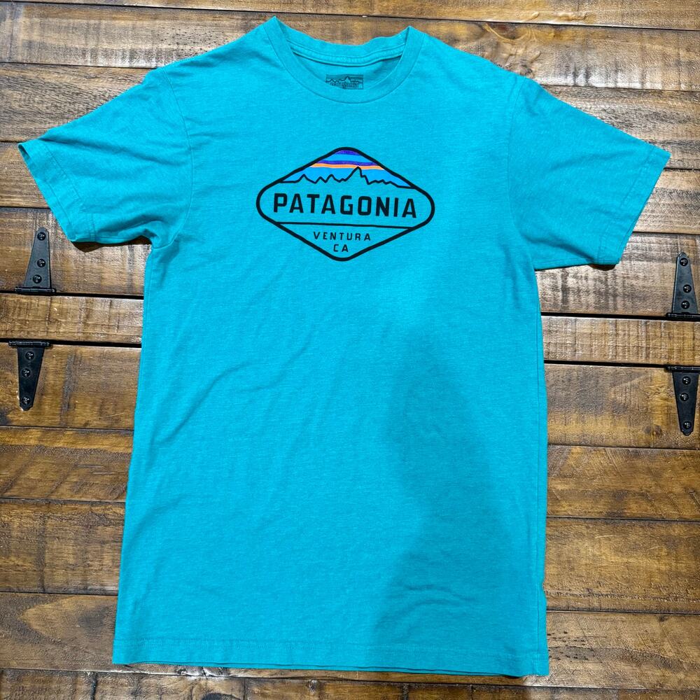 Patagonia Ventura Crest Slim Fit Fitz Roy Turquoise Blue Mens Short Sleeve Shirt - Picture 3 of 10